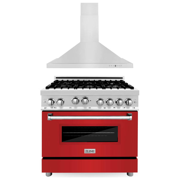 ZLINE 2-Piece Appliance Package - 36-inch Gas Range with Red Matte Door and Convertible Vent Range Hood in Stainless Steel (2KP-RGRMRH36)
