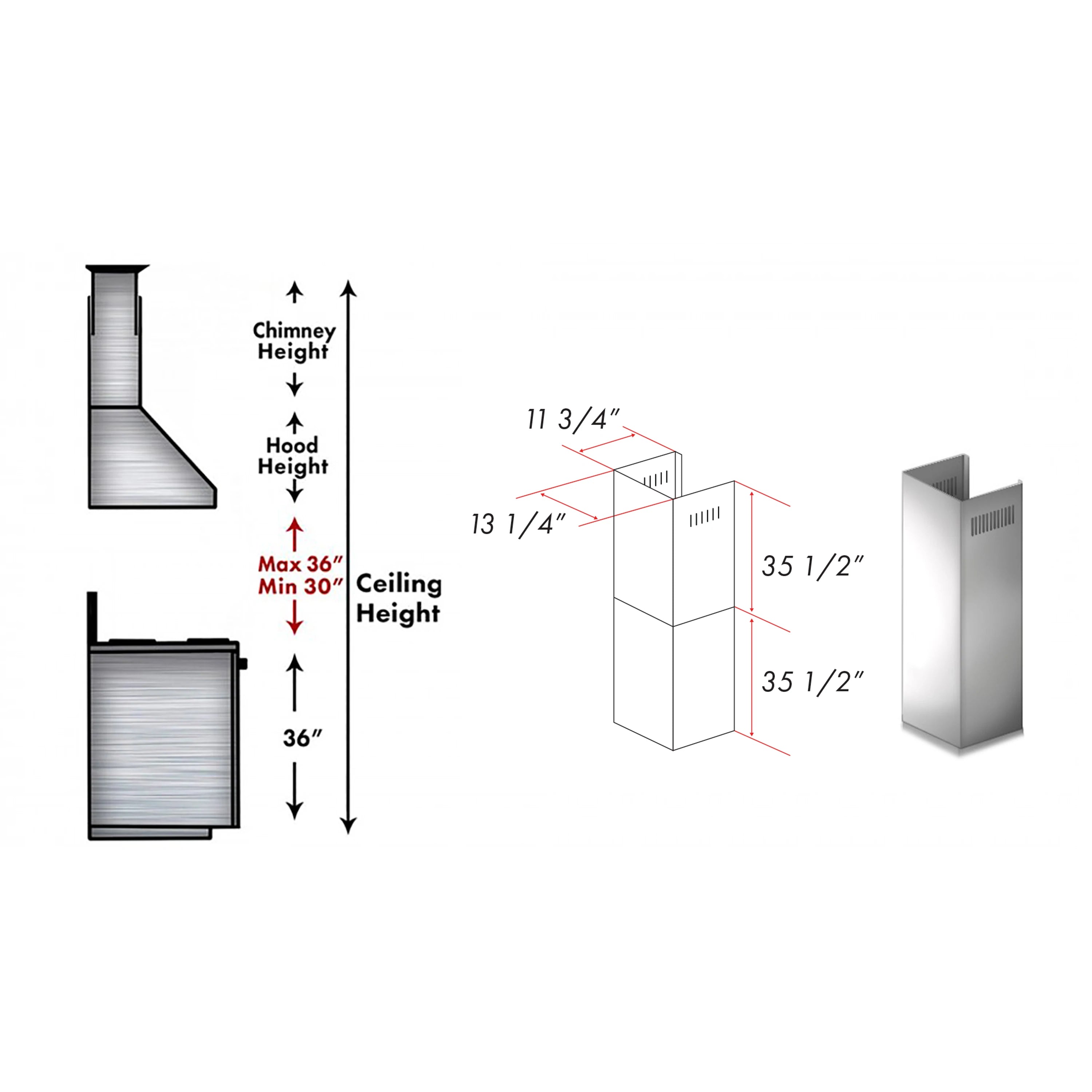 Two-piece stainless steel chimney extension parts with dimensional layout