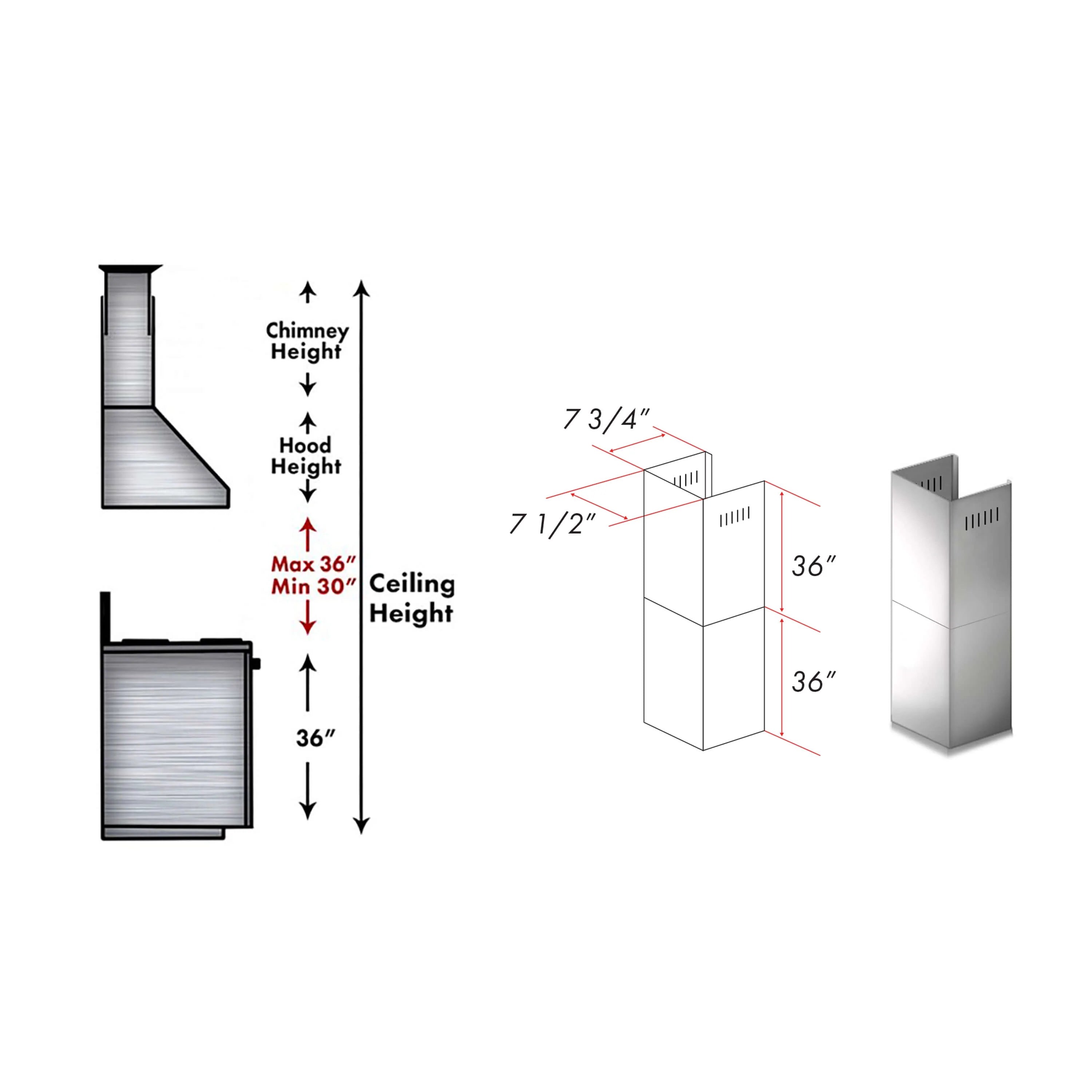 Chimney extension dimension diagram for two 36 in sections, vented metal duct