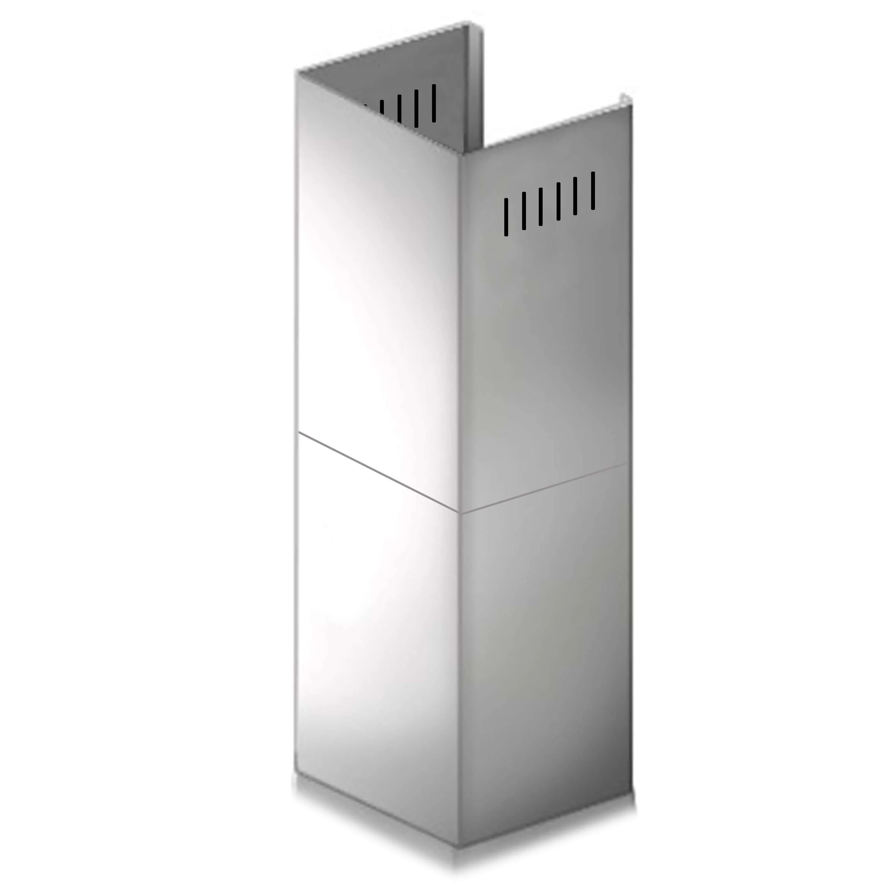 Two-piece chimney extension, brushed silver rectangular duct cover with vent slots