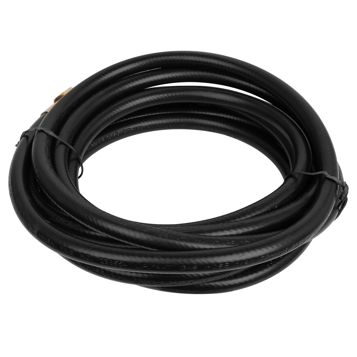 Black propane quick connect hose, neatly coiled with flexible rubber tubing