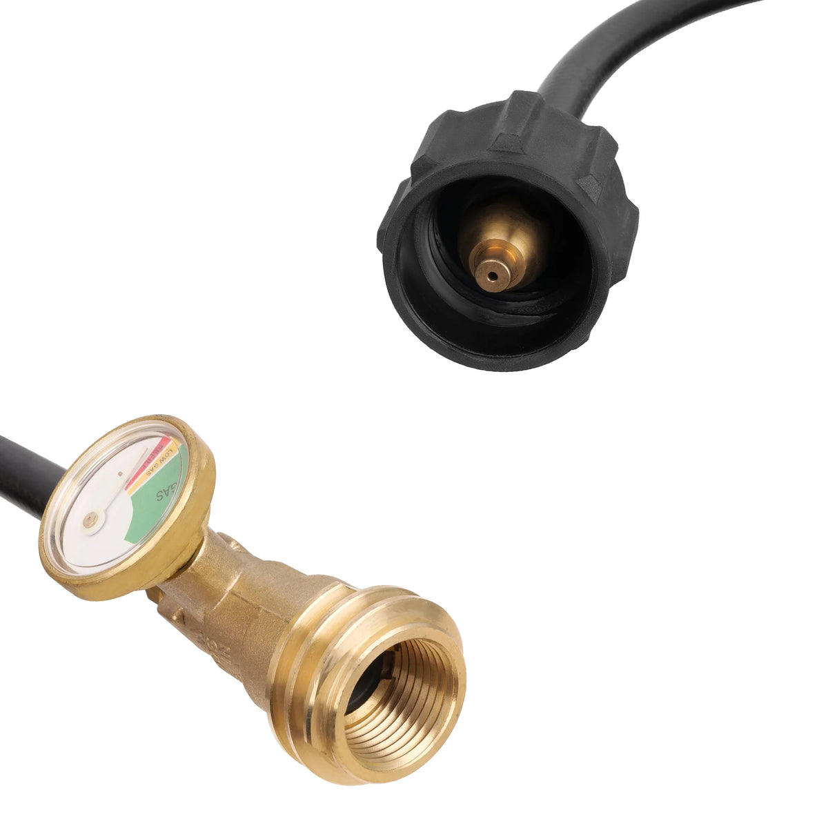 Propane extension hose close-up: brass threaded fitting with black plastic quick-connect