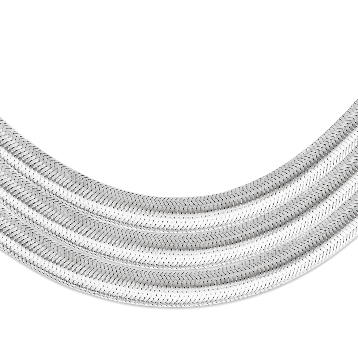 Stainless steel braided hose with ribbed metal texture, flexible coil