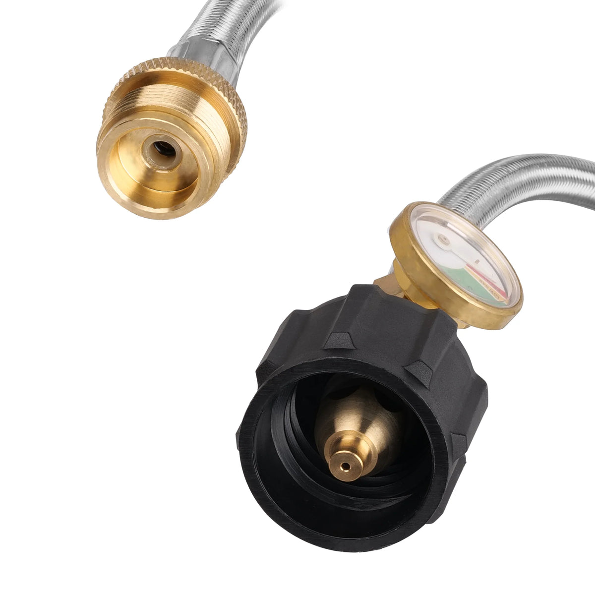 Braided stainless steel propane hose ends with brass fittings, gauge, and black inlet