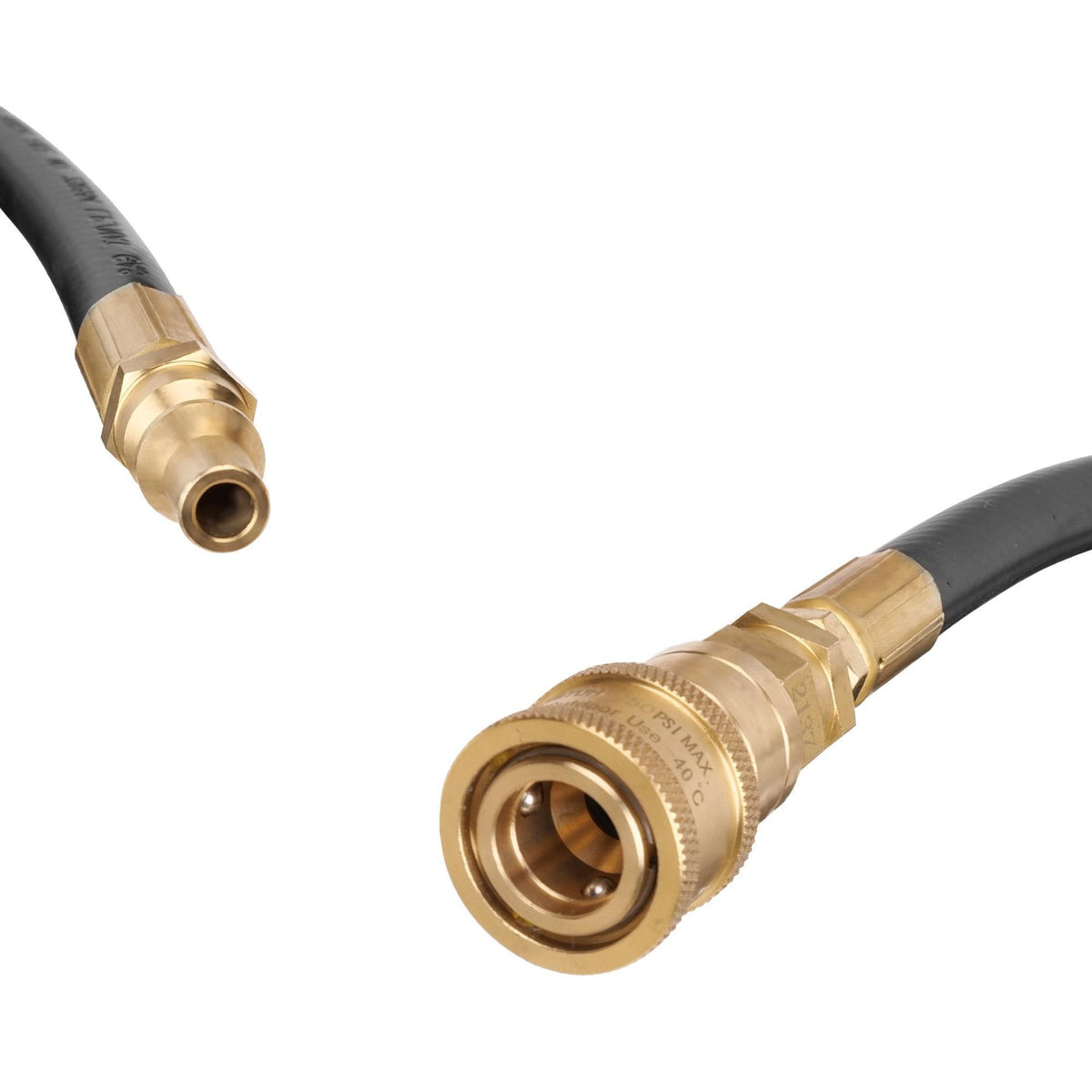 Brass quick-connect ends on black RV propane hose with coupling and inlet