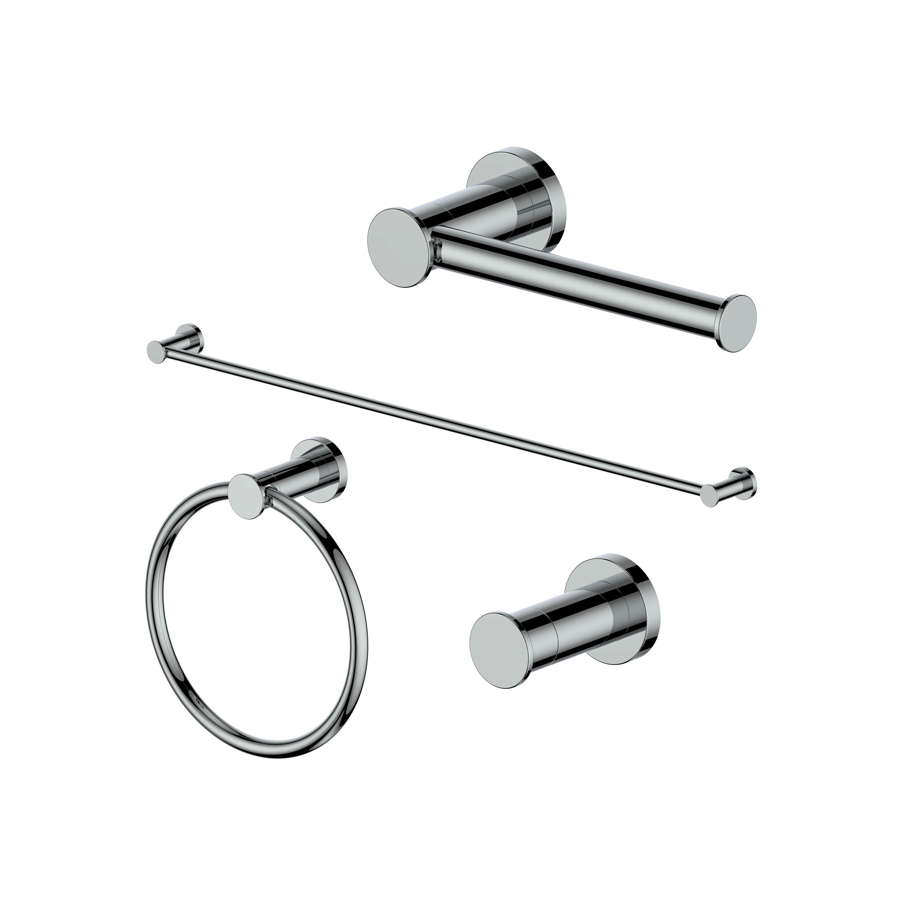 Chrome bathroom accessory set with towel rail, hook ring, and toilet paper holder.