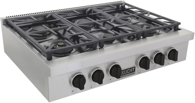 Kucht 36-Inch 6 Burner Gas Rangetop in Stainless Steel with Toxedo Black Knob (KFX369T-K)