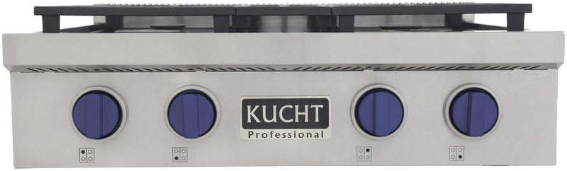 Kucht 30-Inch 4 Burner Gas Rangetop in Stainless Steel with Royal Blue Knob (KFX309T-B)