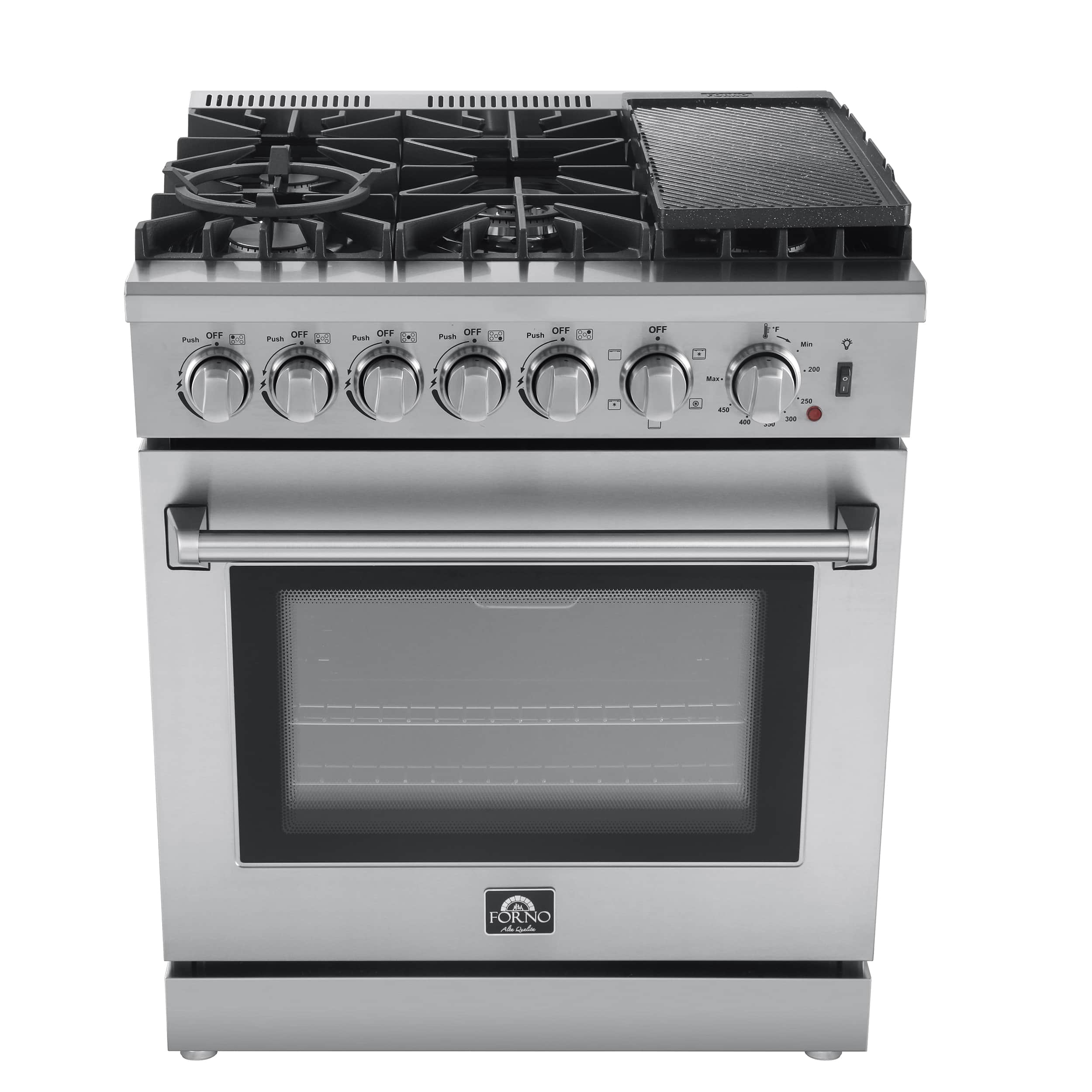 Forno dual fuel range front view with stainless body, burners, and oven door