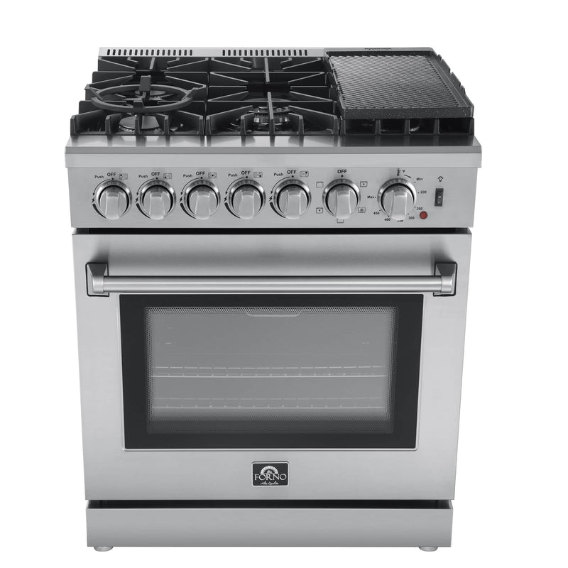Forno 3-Piece Appliance Package - 30-Inch Dual Fuel Range with Air Fryer, Pro-Style Refrigerator, and Dishwasher in Stainless Steel