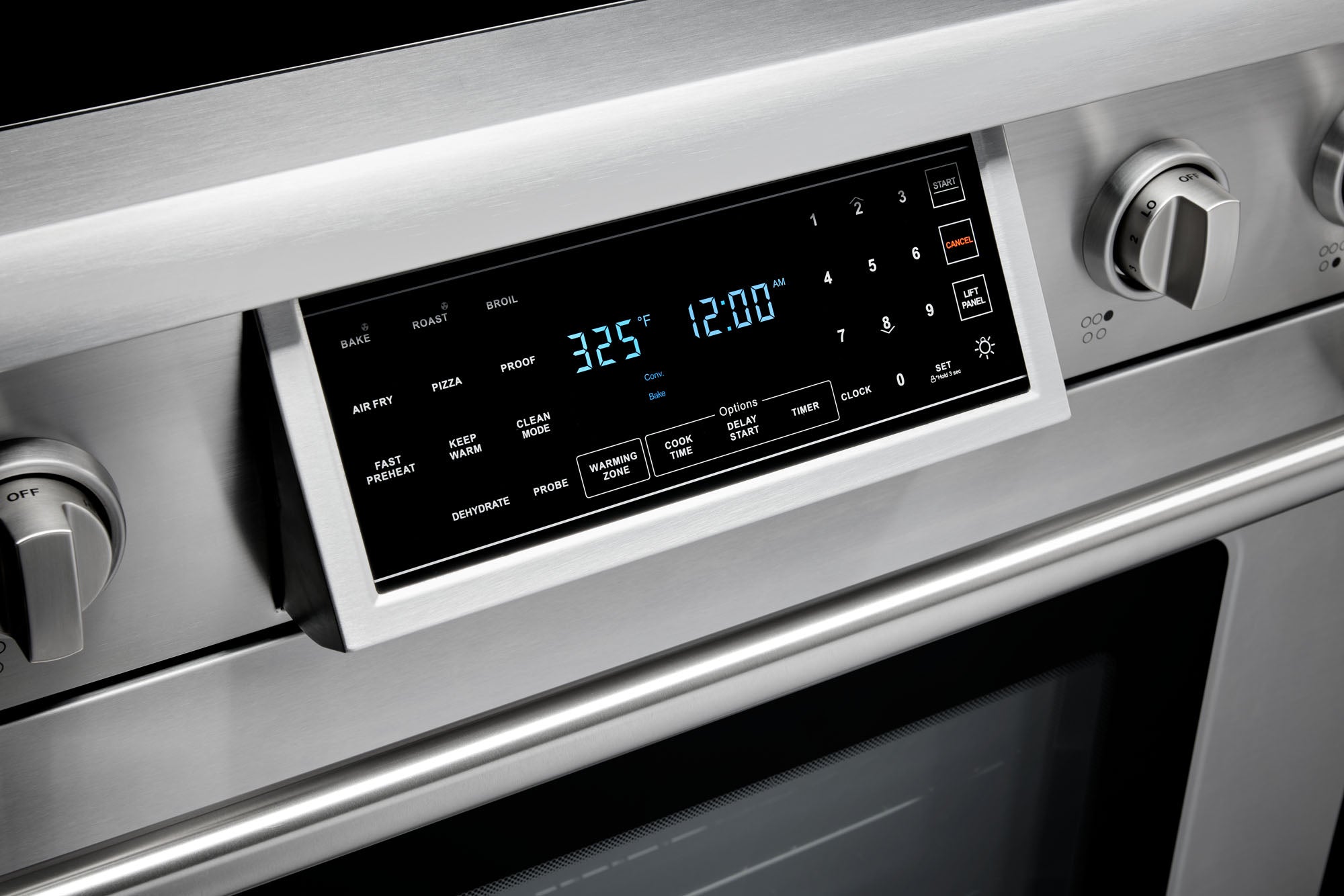 Stainless steel electric range control panel with digital display and knobs