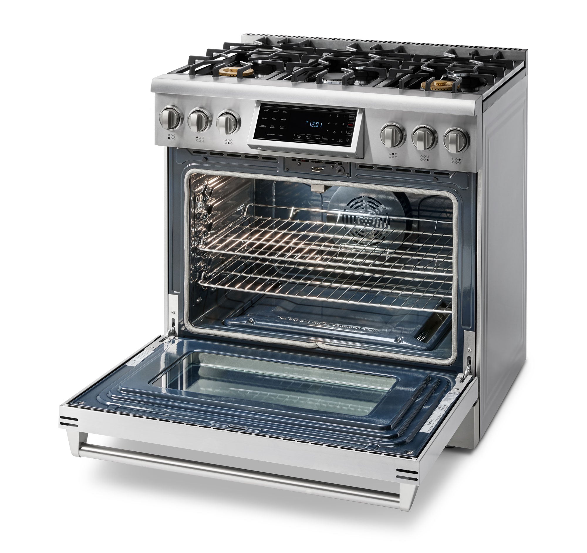 Stainless steel gas range with oven open and grates and burners on top