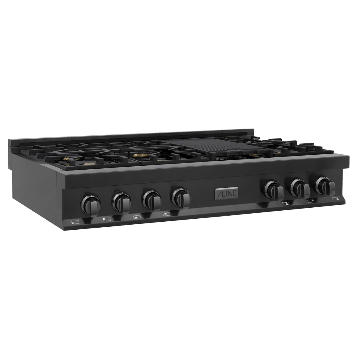 Black gas rangetop with brass-accent burners and front control knobs