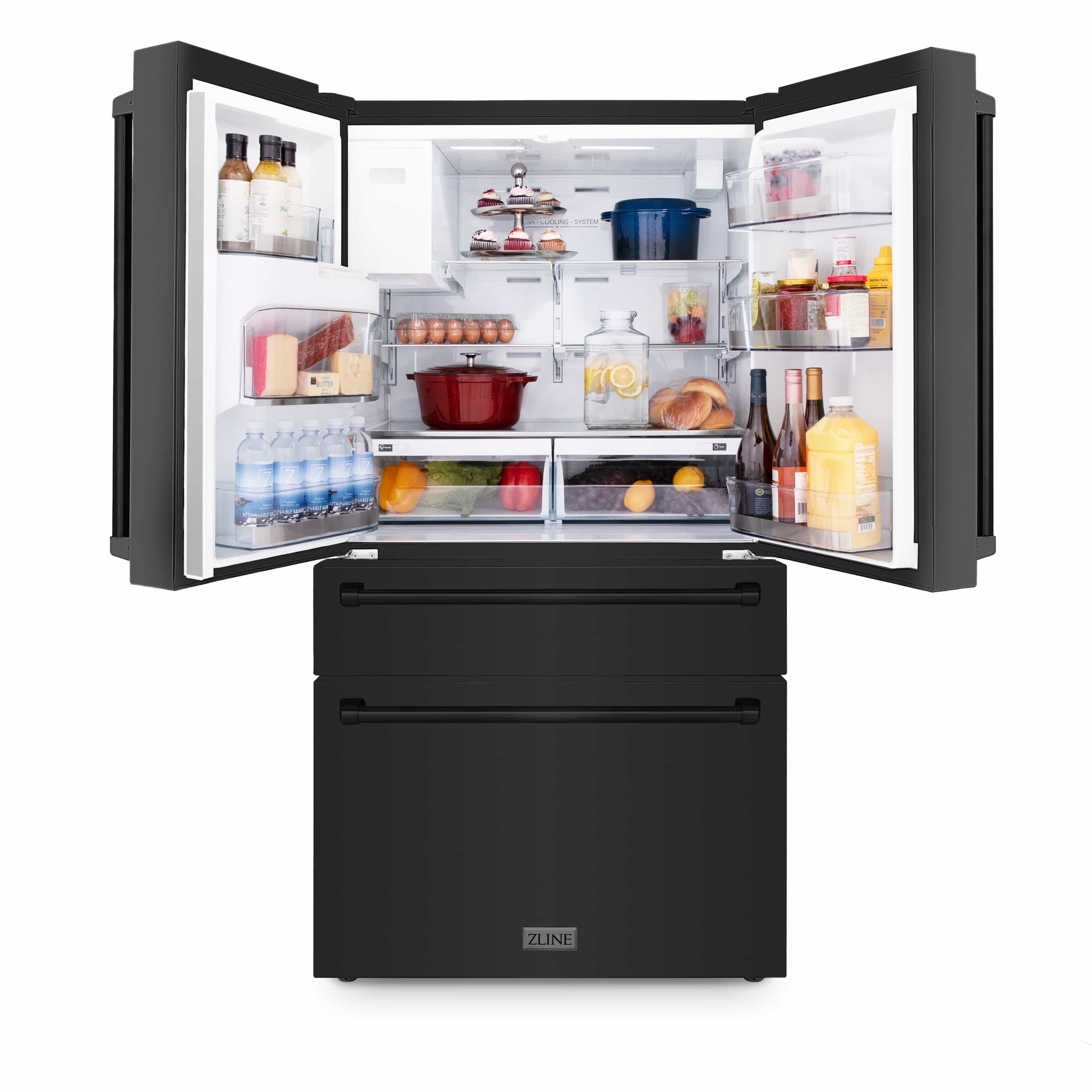 Black stainless steel refrigerator with doors open, interior shelves with food and containers