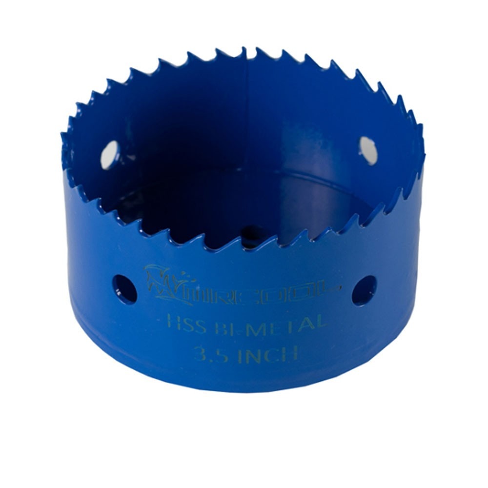 Blue hole saw with serrated cutting edge and mounting holes