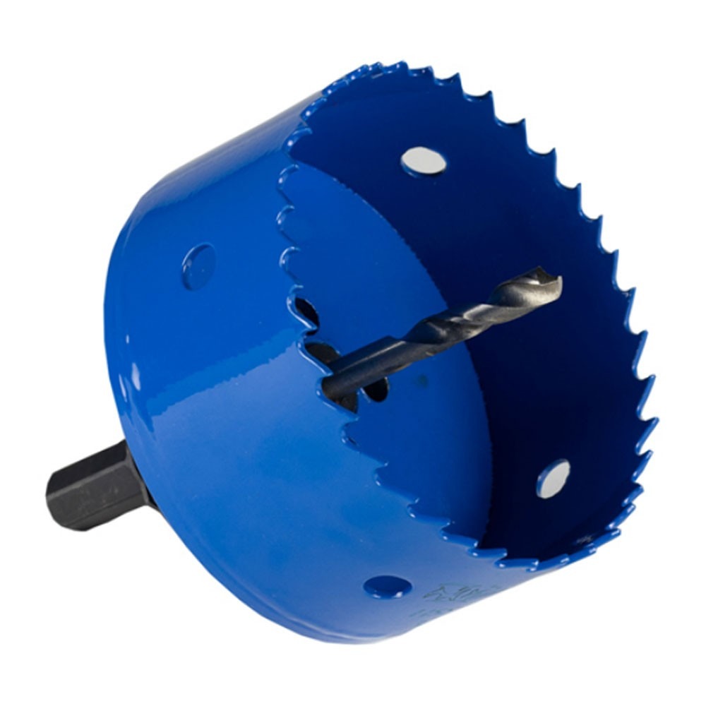 Blue hole saw with side slot and pilot drill bit for drilling holes