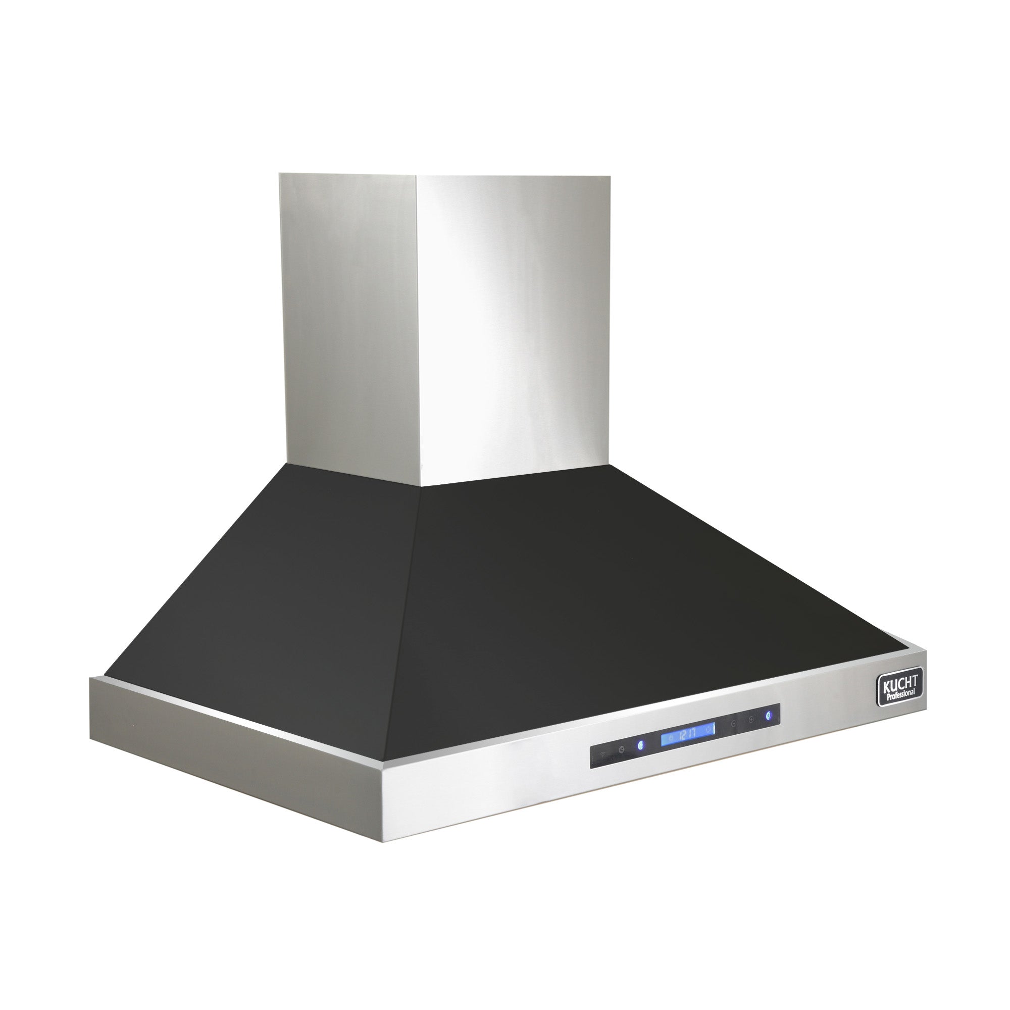 Black wall-mounted kitchen hood with stainless steel trim and front control bar