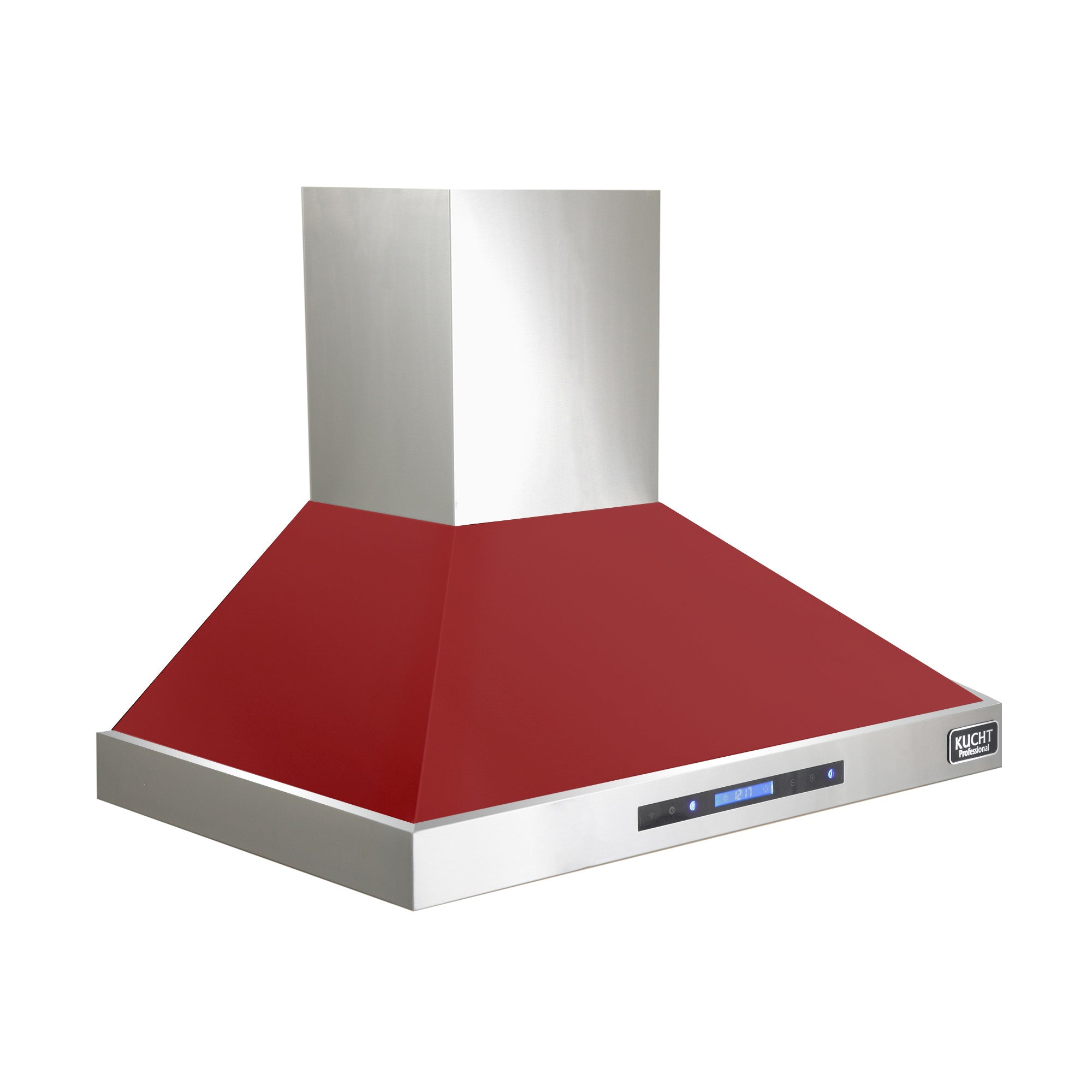 Red and stainless wall-mounted range hood with chimney column and control strip