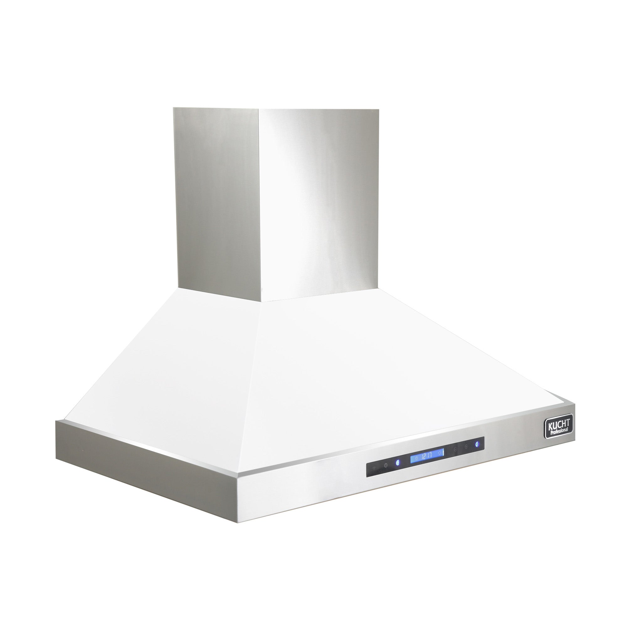 White wall-mounted range hood with touch control panel and stainless chimney