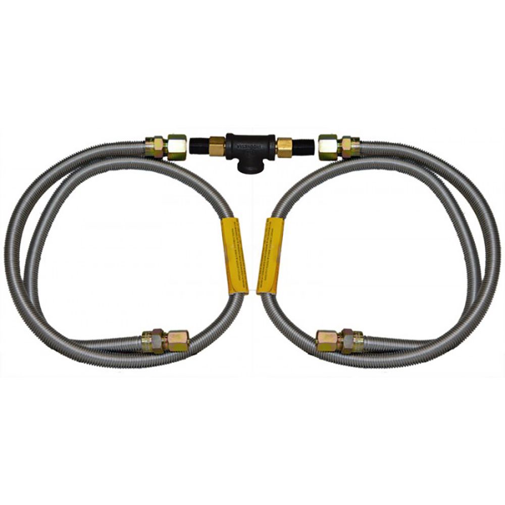 Natural gas connector package with two braided gray flexible hoses and brass fittings