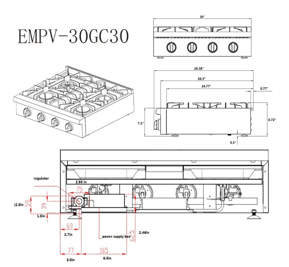 EMPV-30GC30 cooktop dimensions and burner layout diagram with measurements