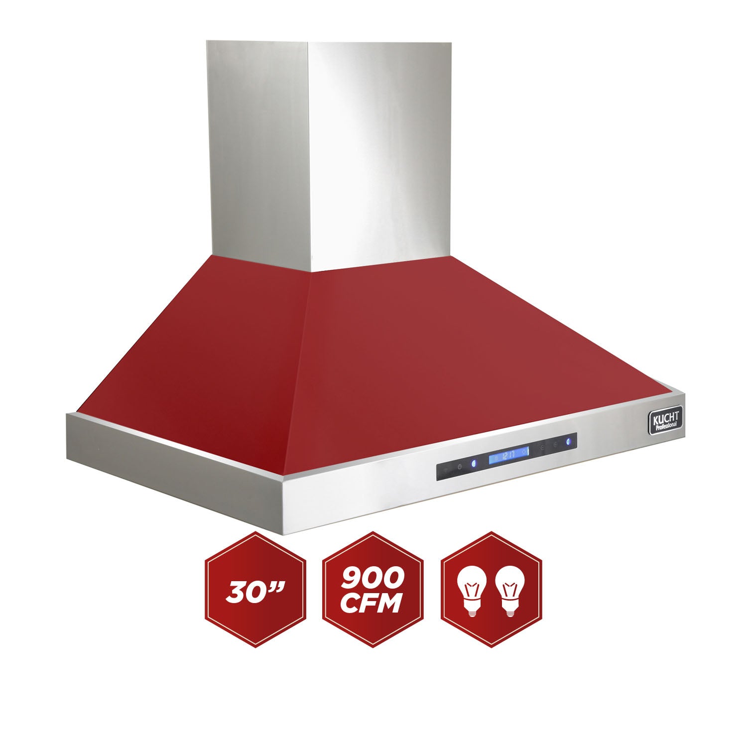 Red and stainless wall-mounted range hood with front control panel and logo