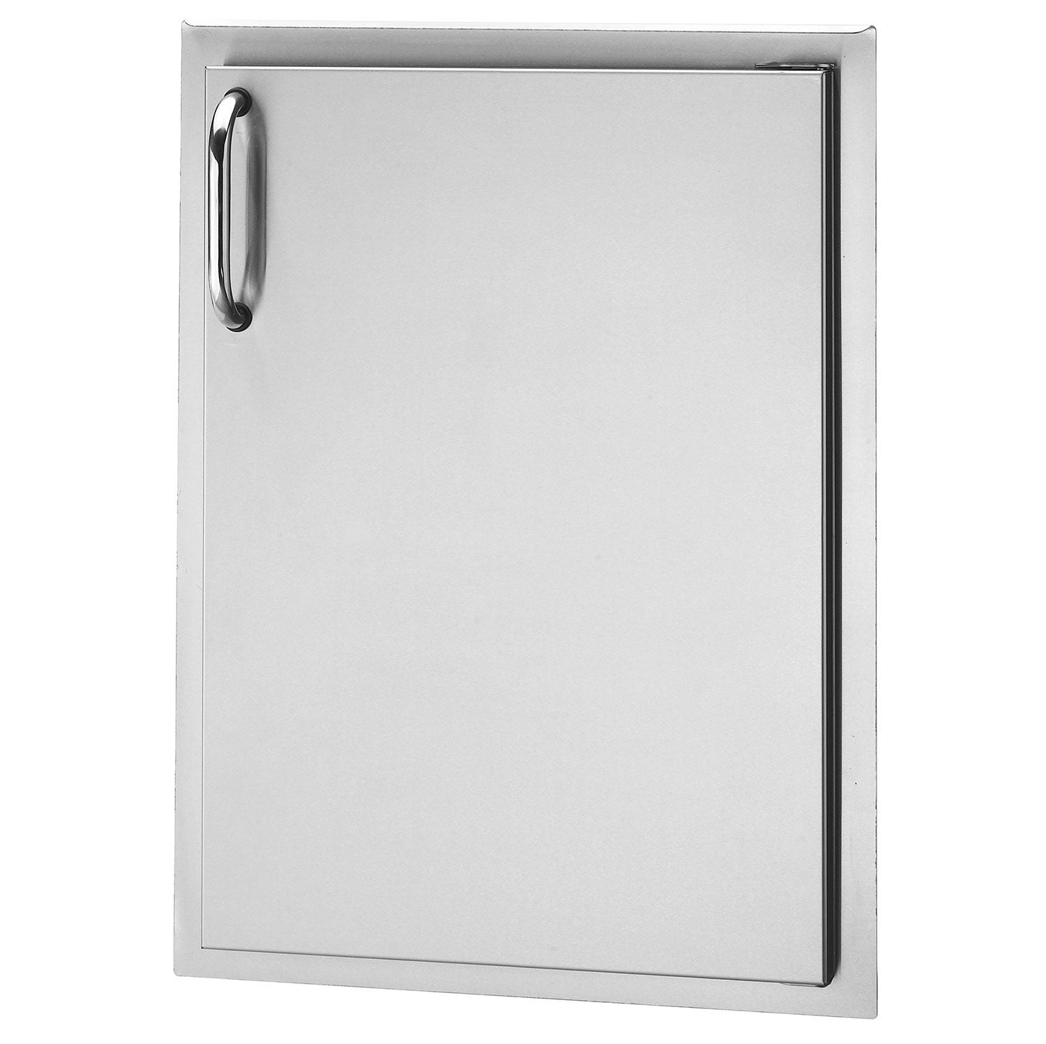 Right-hinged access door with white door panel, stainless frame, and vertical pull handle