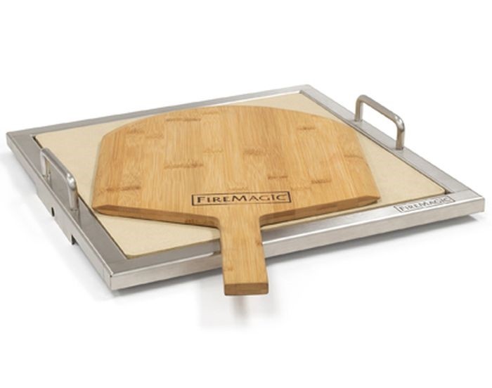 Fire Magic Grills pizza stone kit with stainless tray and wooden pizza peel