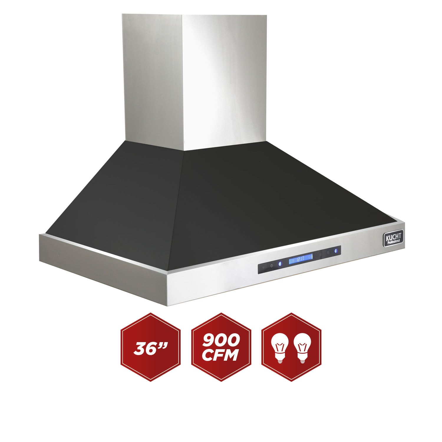 Black wall-mounted range hood with stainless steel sides and control panel