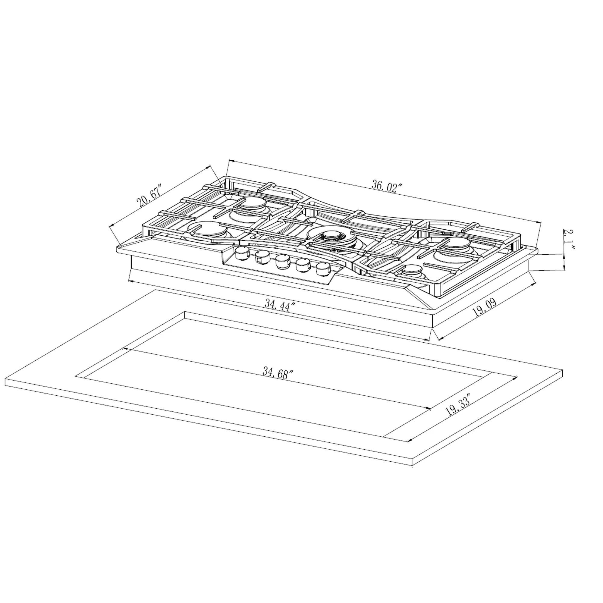 Stainless steel gas cooktop dimensional diagram with burner layout and measurements