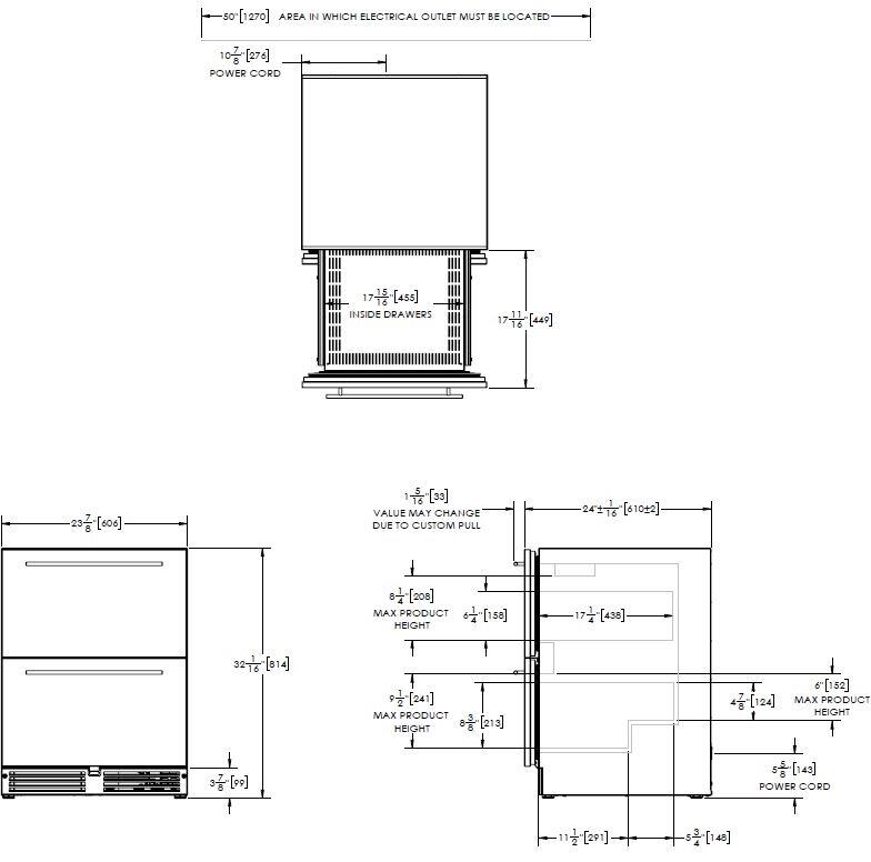 Technical dimension diagram for built-in drawer compact freezer unit