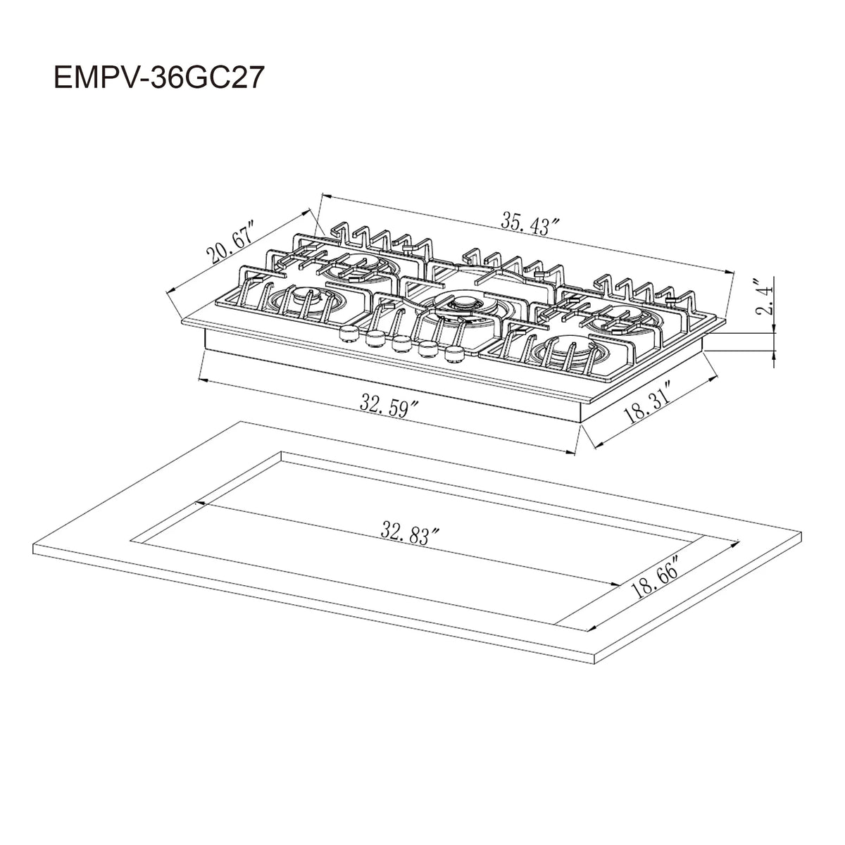 Cooktop dimensions diagram with cutout size for EMPV-36GC27