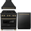 ZLINE Autograph Edition 3-Piece Appliance Package - 30-Inch Dual Fuel Range, Wall Mounted Range Hood, & 24-Inch Tall Tub Dishwasher in Black Stainless Steel with Champagne Bronze Trim (3AKP-RABRHDWV30-CB)