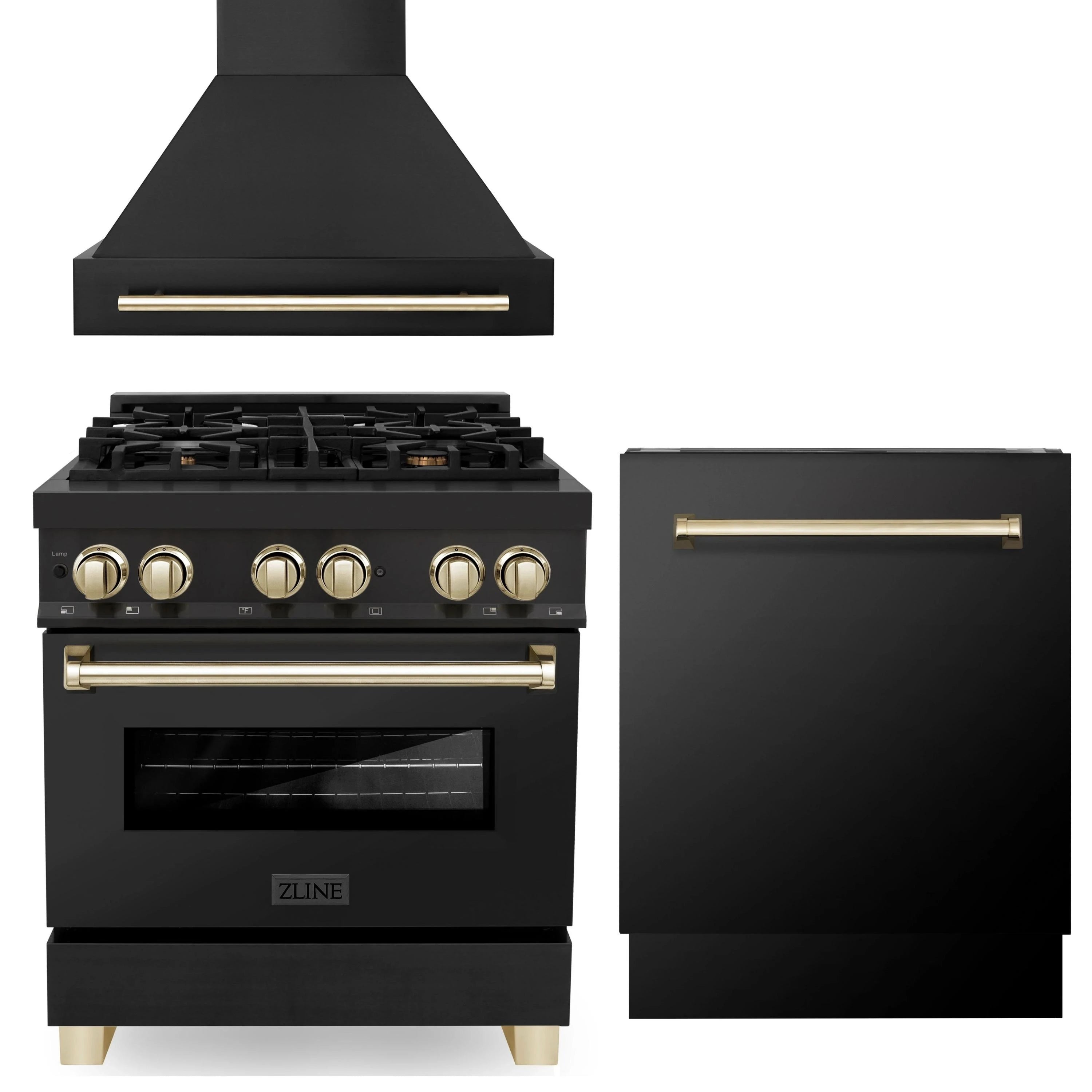 Black dual fuel range with gold knobs, oven door, and rear cooktop view
