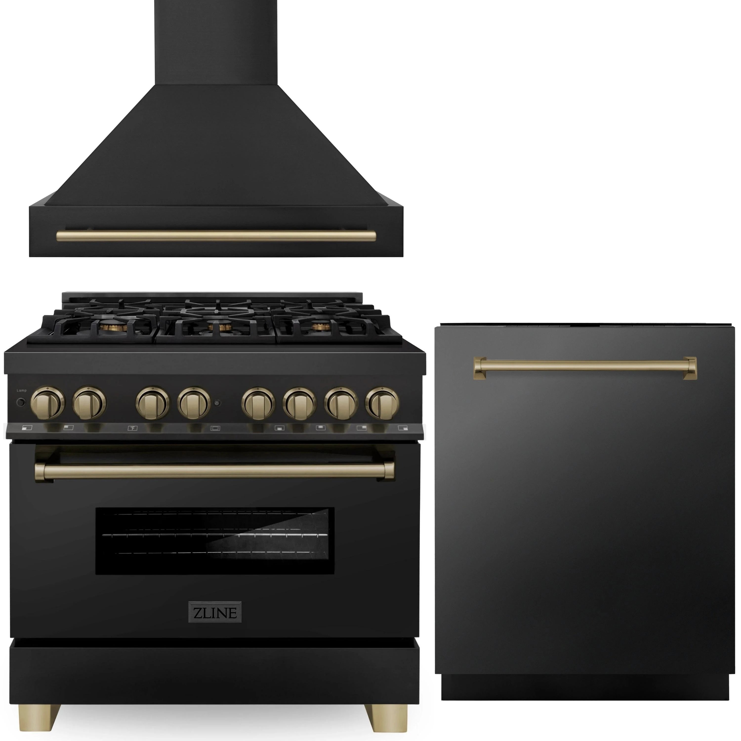 Black dual fuel range with champagne bronze control knobs, oven door, and matching hood