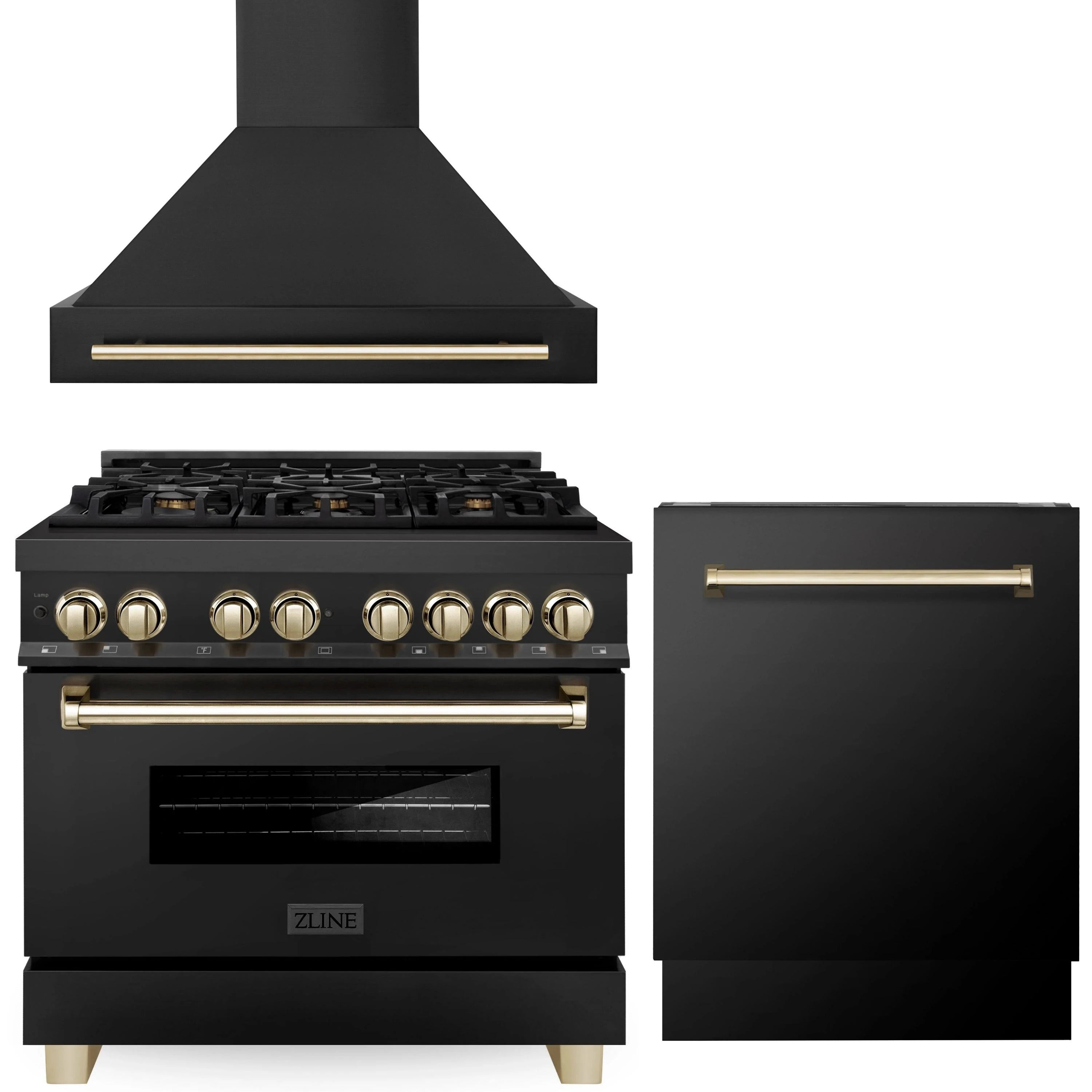 Black wall range hood with gold-trimmed decorative strip