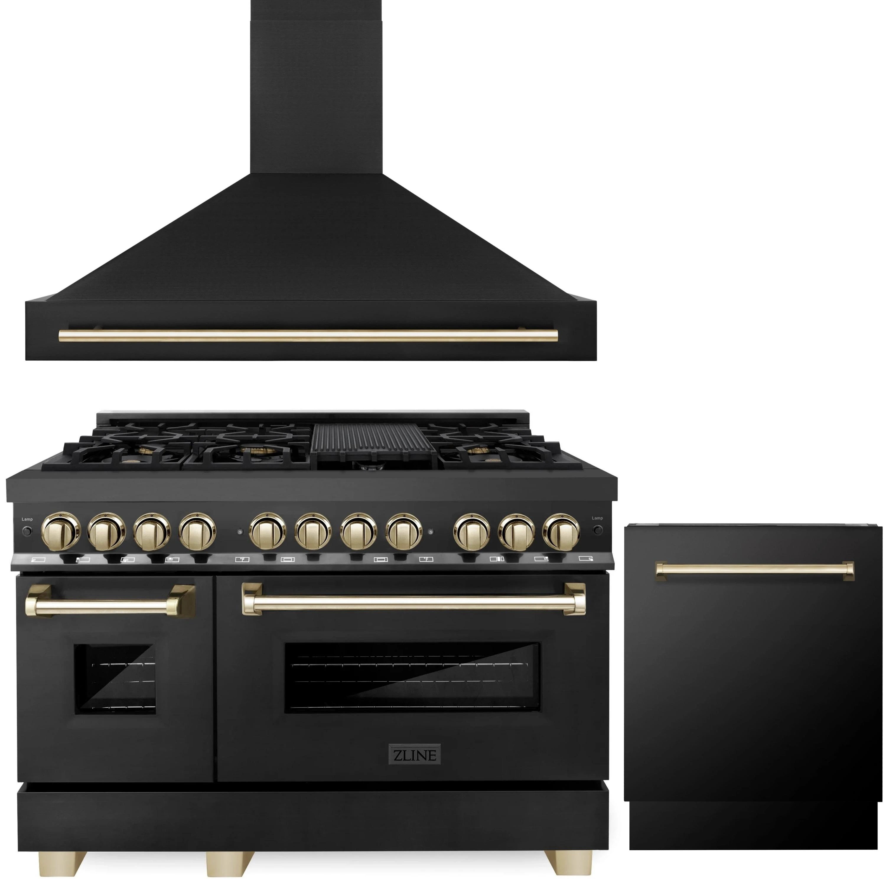 Black dual fuel range with wall hood and dishwasher door, gold trim accents