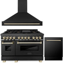 ZLINE Autograph Edition 3-Piece Appliance Package - 48-Inch Dual Fuel Range, Wall Mounted Range Hood, & 24-Inch Tall Tub Dishwasher in Black Stainless Steel with Gold Trim (3AKP-RABRHDWV48-G)