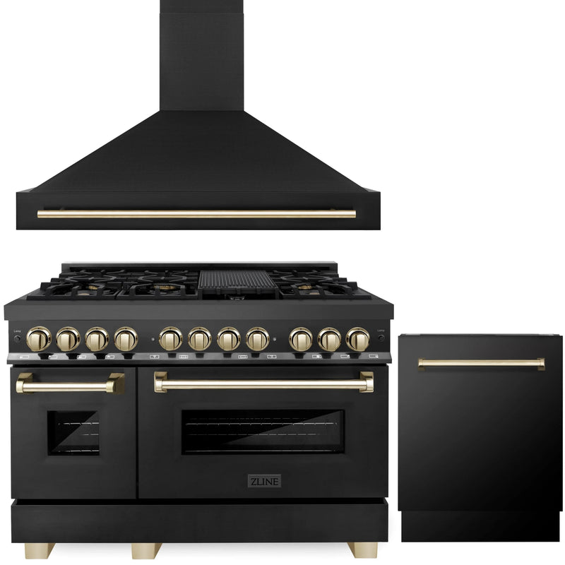 ZLINE Autograph Edition 3-Piece Appliance Package - 48-Inch Dual Fuel Range, Wall Mounted Range Hood, & 24-Inch Tall Tub Dishwasher in Black Stainless Steel with Gold Trim (3AKP-RABRHDWV48-G)