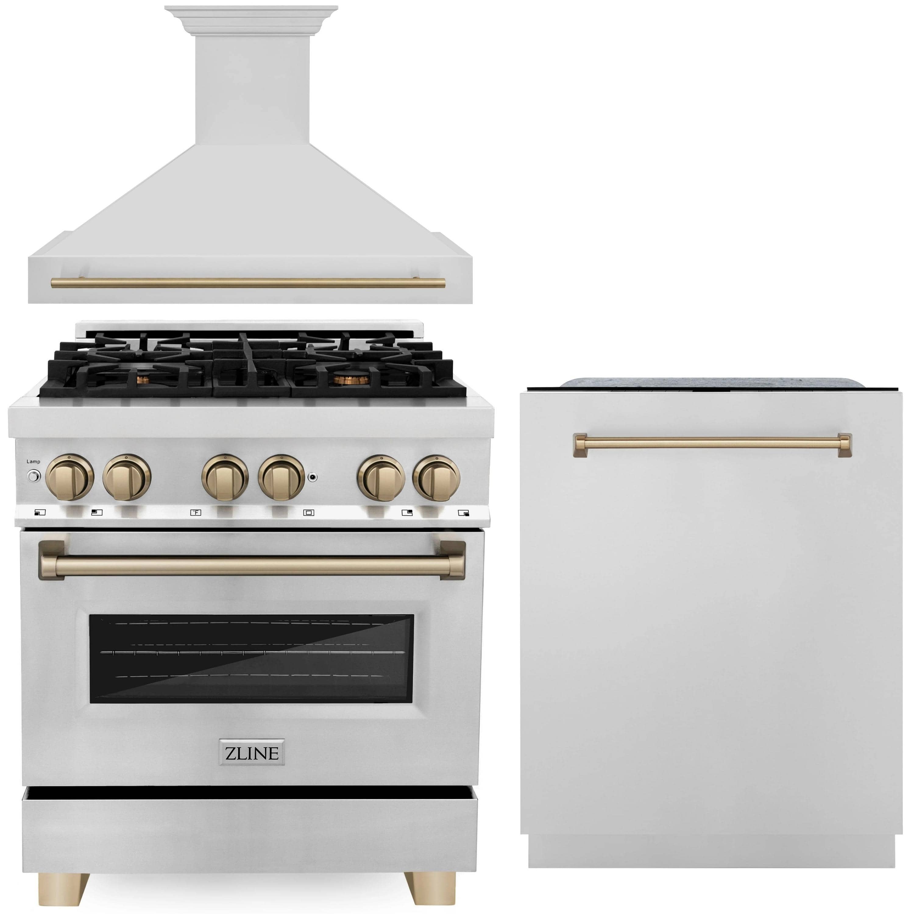 Stainless steel dual-fuel range with chimney hood and matching dishwasher