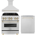 ZLINE Autograph Edition 3-Piece Appliance Package - 30-Inch Dual Fuel Range, Wall Mounted Range Hood, & 24-Inch Tall Tub Dishwasher in Stainless Steel with Gold Trim (3AKP-RARHDWM30-G)