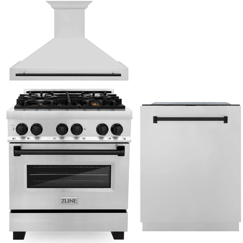 ZLINE Autograph Edition 3-Piece Appliance Package - 30-Inch Dual Fuel Range, Wall Mounted Range Hood, & 24-Inch Tall Tub Dishwasher in Stainless Steel with Matte Black Trim (3AKP-RARHDWM30-MB)