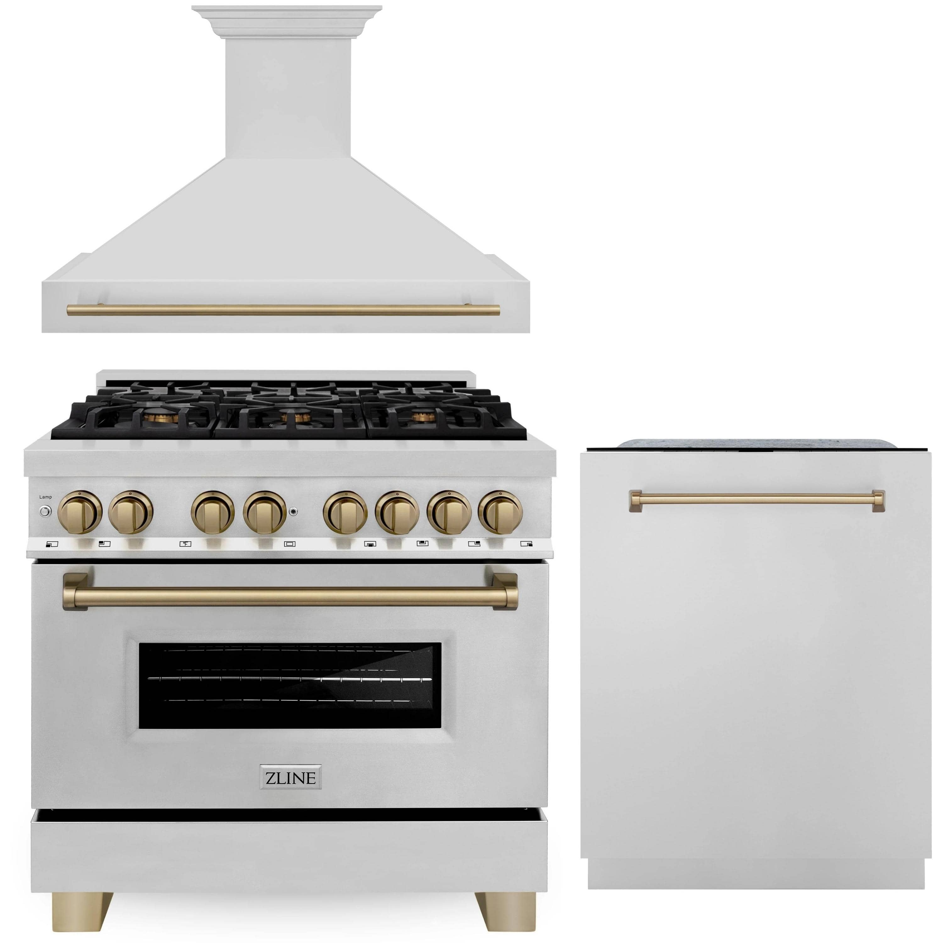 ZLINE Autograph Edition 3-Piece Appliance Package - 36-Inch Dual Fuel Range, Wall Mounted Range Hood, and 24-Inch Tall Tub Dishwasher in Stainless Steel with Champagne Bronze Trim (3AKP-RARHDWM36-CB)