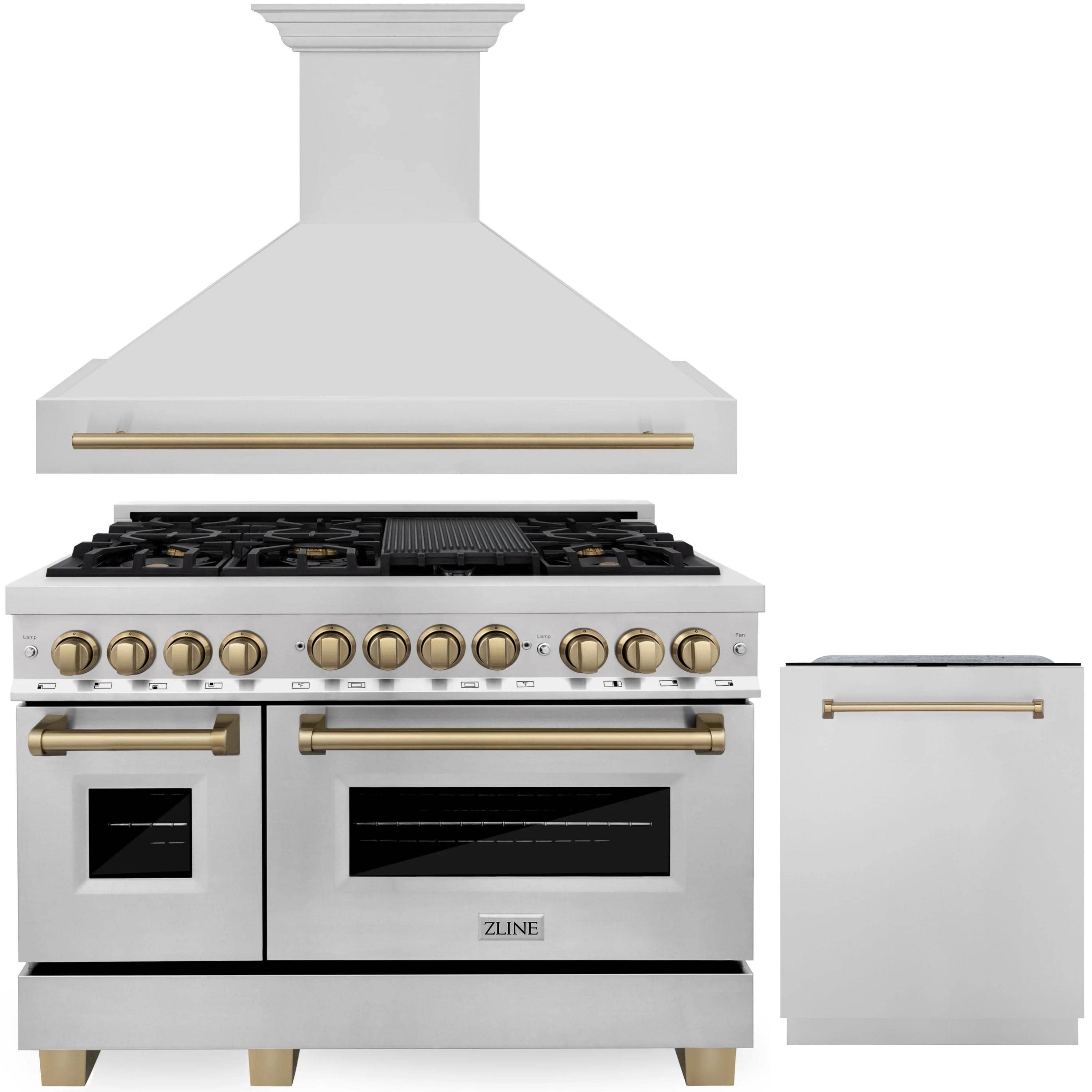Dual fuel range with brass knobs and dishwasher door panel, white finish