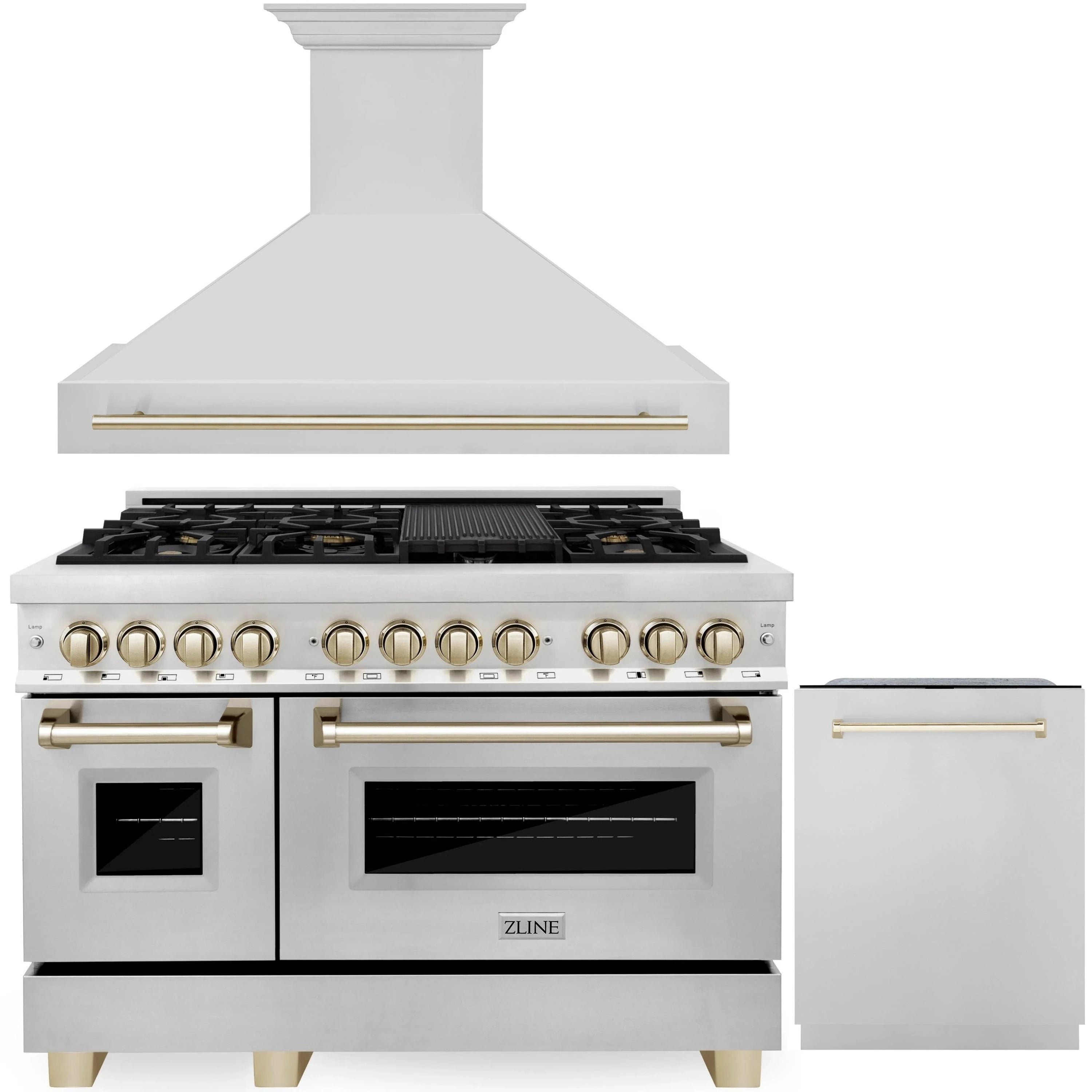 ZLINE Autograph Edition 3-Piece Appliance Package - 48-Inch Dual Fuel Range, Wall Mounted Range Hood, & 24-Inch Tall Tub Dishwasher in Stainless Steel with Gold Trim (3AKP-RARHDWM48-G)