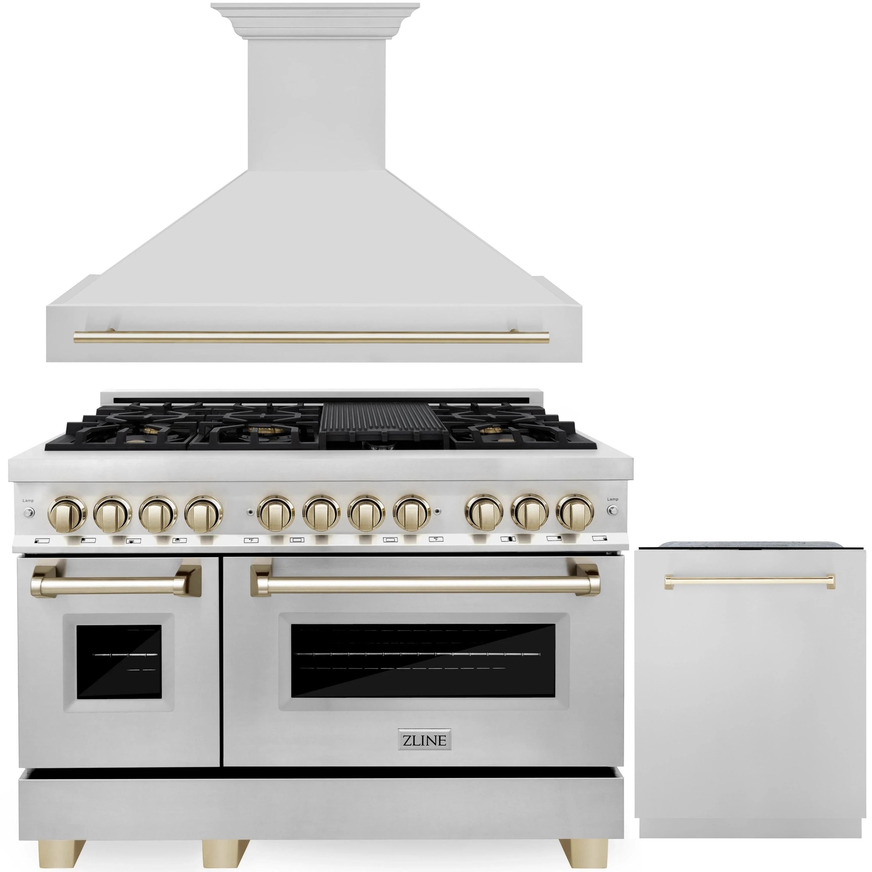 Dual fuel range with white body, gold trim, black burners, plus dishwasher on side
