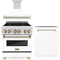 ZLINE Autograph Package - 30-Inch Dual Fuel Range, Range Hood, and Dishwasher in Stainless Steel and White Door with Champagne Bronze Trim (3AKP-RAWMRHDWM30-CB)