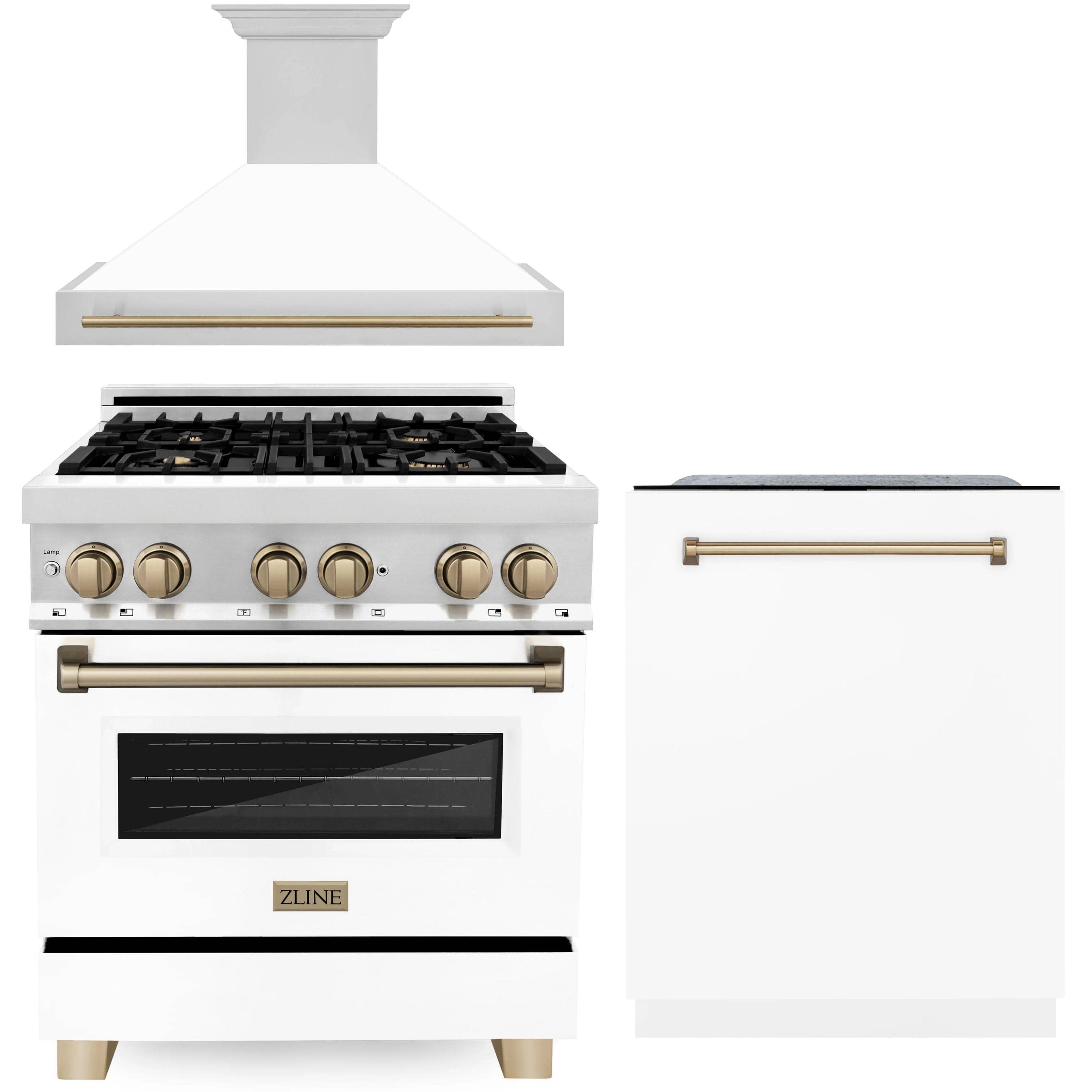 White dual fuel range with bronze handles, range hood, and matching dishwasher door