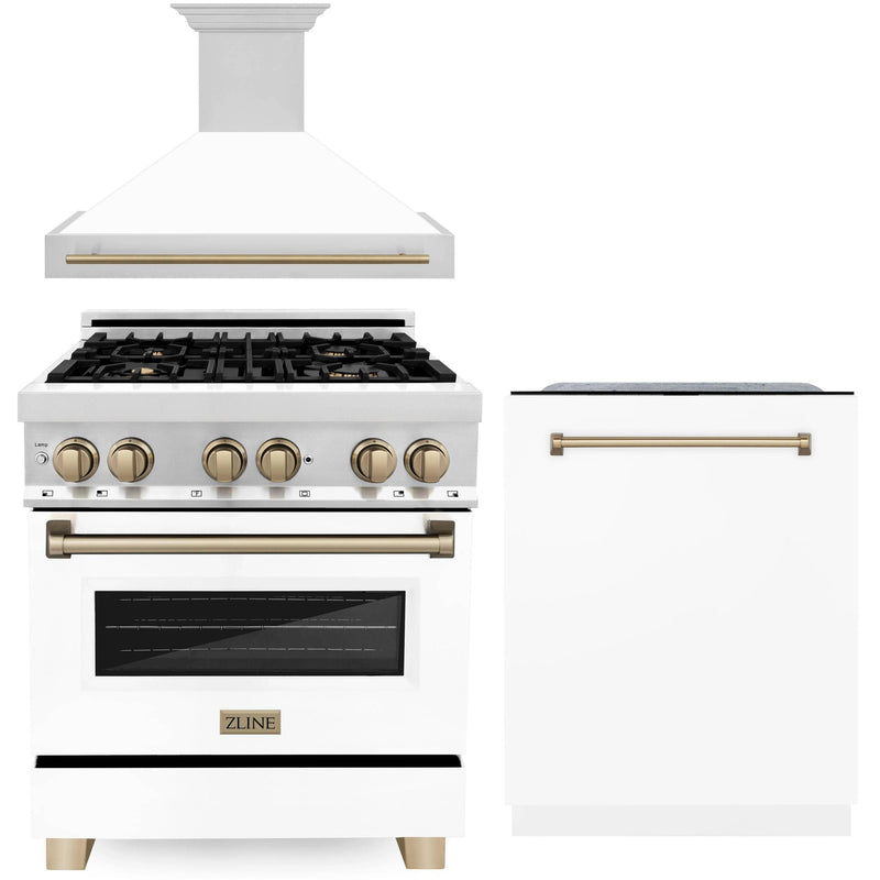 ZLINE Autograph Package - 30-Inch Dual Fuel Range, Range Hood, and Dishwasher in Stainless Steel and White Door with Bronze Trim (3AKP-RAWMRHDWM30-CB)