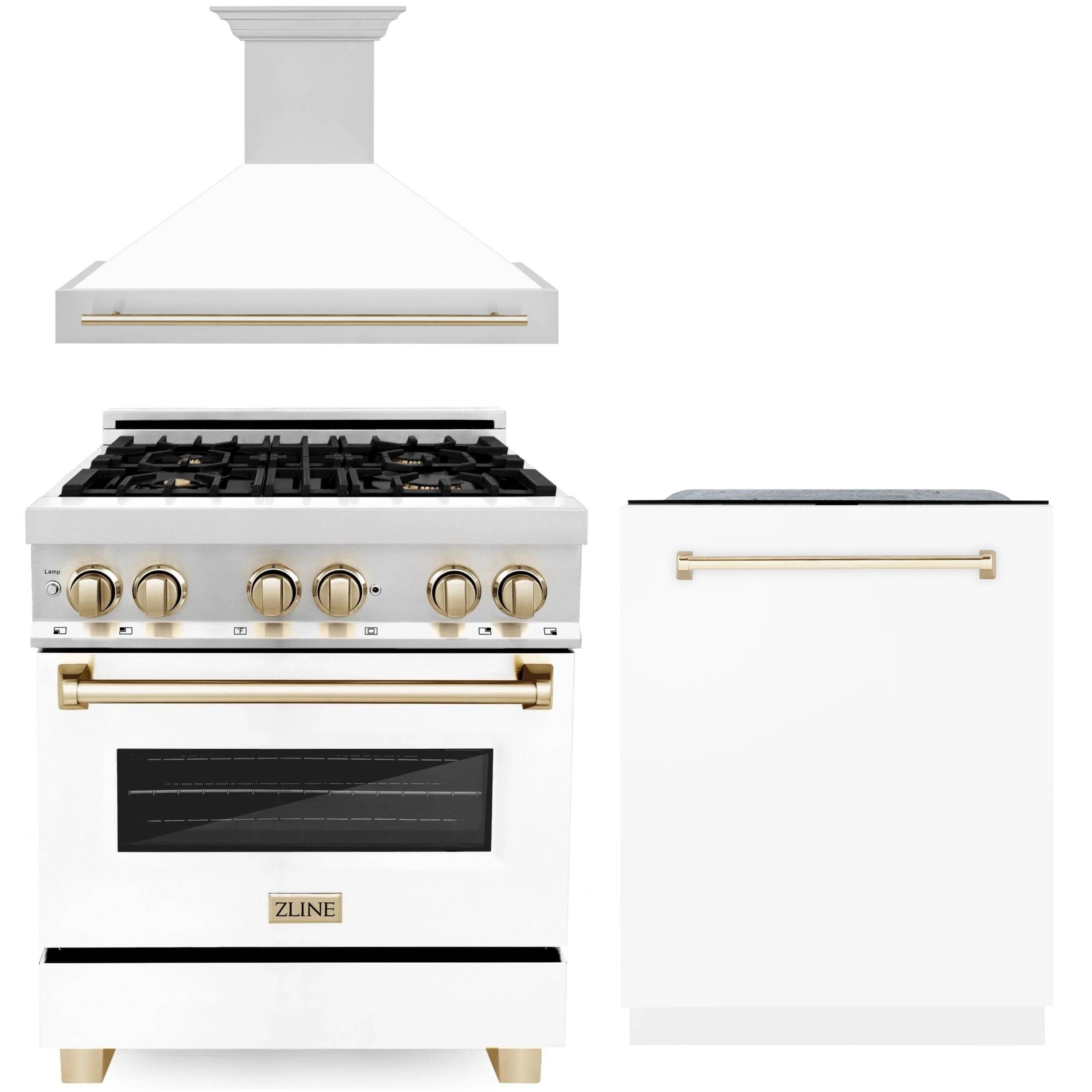 Three-piece kitchen appliance set: dual fuel range, wall hood, dishwasher panel